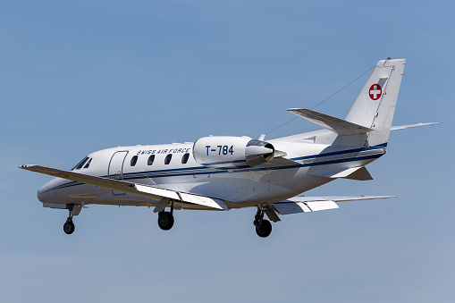 Gloucestershire, UK - July 10, 2014: Swiss Air Force Cessna 560XL Citation Excel business jet aircraft on approach to land at RAF Fairford.