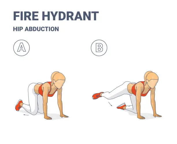 Vector illustration of Fire Hydrant Exercise, Female Home Workout Routine Guidance or Hip Abduction Women fitness exercise