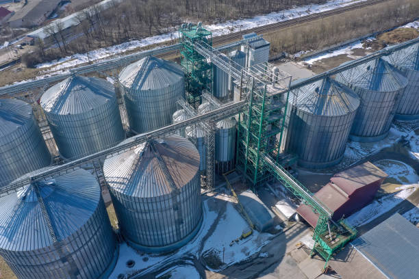 Grain elevator business with large storage bins of corn, grain, soybean. Agriculture, food, harvest, farm, farming, crops, auger, elevator, conveyor, ladder, silos, transport, company, rural, country stock photo