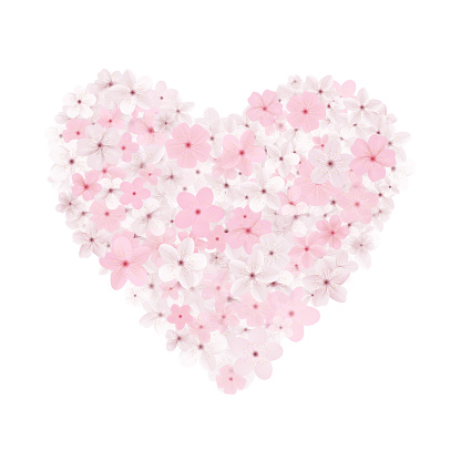 Heart made from cherry flowers. Sakura flower heart. Vector with 3d effect