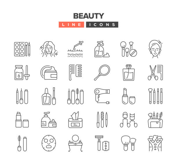 ilustrações, clipart, desenhos animados e ícones de conjunto de ícones da linha de beleza - cosmetic bag