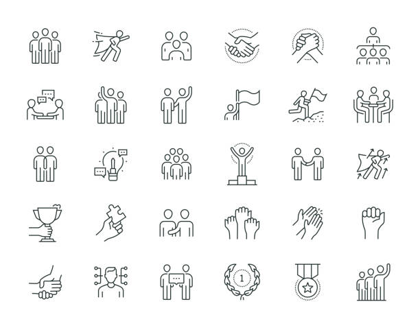 ilustraciones, imágenes clip art, dibujos animados e iconos de stock de conjunto de iconos de la serie de líneas delgadas de trabajo en equipo - ánimo