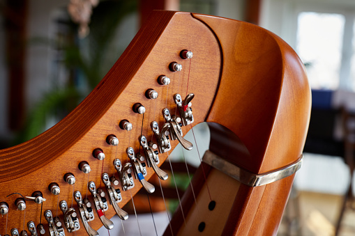 Close-up of the upper part of a Celtic harp, with the levers and strings.