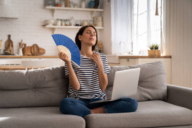 若い女性は、自宅のソファに座ってファンを振るエアコンなしで平らに熱中症に苦しんでいます - heat ストックフォトと画像
