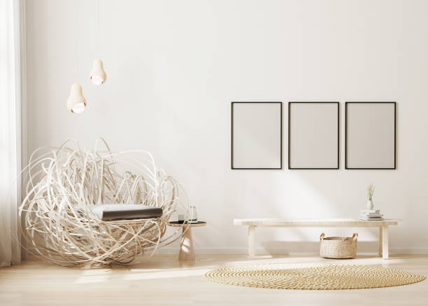 istock Blank frame mock up in modern interior background, light beige living room with stylish armchair, poster frame mockup, scandinavian style, 3d rendering 1308513182
