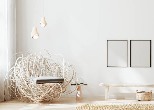 istock Blank frame mock up in modern interior background, light beige living room with stylish armchair, poster frame mockup, scandinavian style, 3d rendering 1308513188