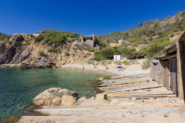 Beach of cala d'en Serra in Ibiza (Spain) stock photo