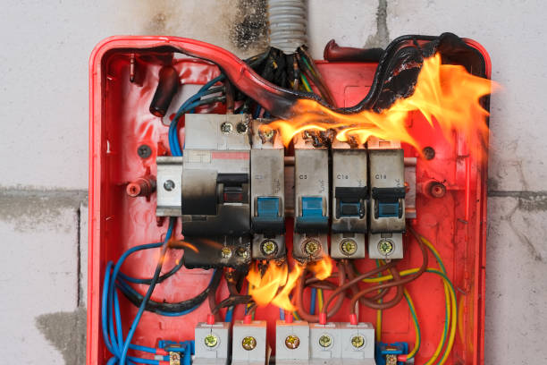 burning switchboard from overload or short circuit on wall closeup - electricity fire circuit board short imagens e fotografias de stock