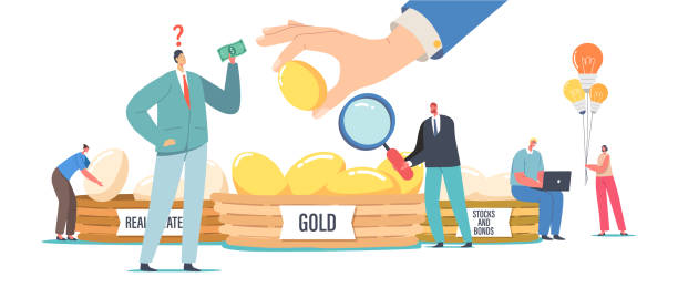 Diversification Investment, Financial Success and Balance, Risk Management, Guarantee of Security Financial Savings. Diversification Investment, Financial Success and Balance, Risk Management, Guarantee of Security Financial Savings. People Invest in Gold, Real Estate, Bonds and Stocks. Cartoon Vector Illustration allocate stock illustrations