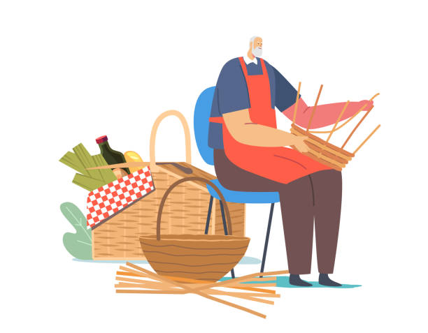 ręcznie robione hobby, biznes. starszy męski charakter tkania kosz. old man make wicker piknik pannier z naturalnych materiałów - basket making stock illustrations