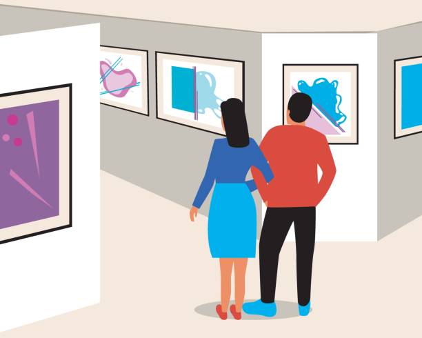 istock Couple in a museum or art gallery, flat vector stock illustration as a concept of visiting a fashion show, exhibition in a gallery hall, dating 1308521216