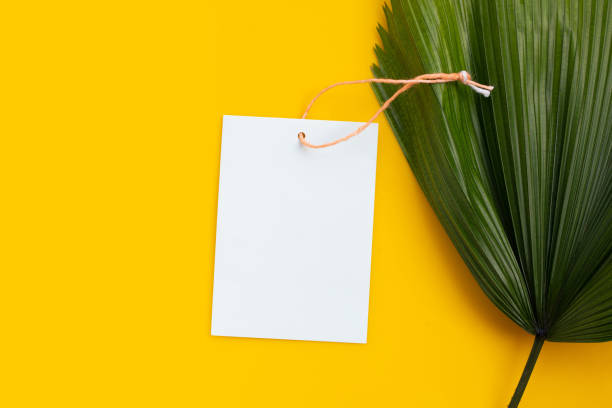 istock Blank paper with tropical palm leaves on yellow background. 1308522101