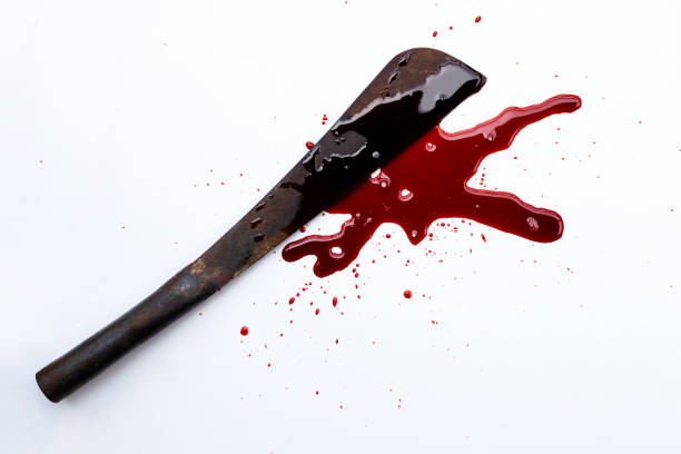 istock Bloody big knife on a white background. Halloween concept 1308522895