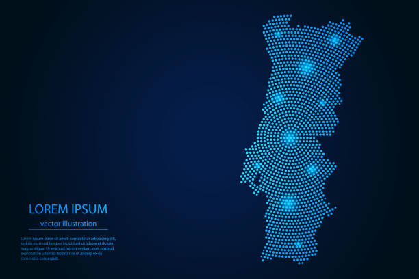 абстрактное изображение португалии карта из точки синий и светящиеся звезды на темном фоне - portugal stock illustrations