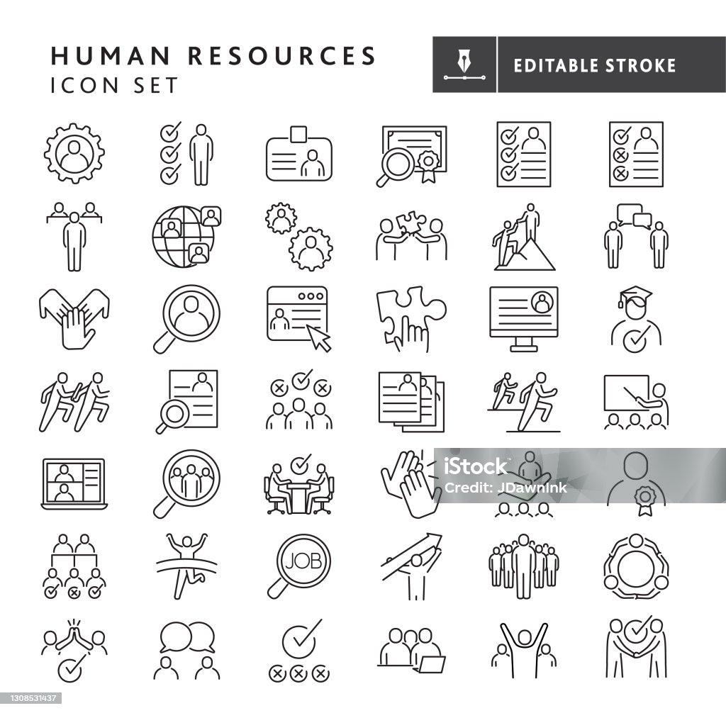 Human resources, job and employee searches, interviewing and recruiting, team work, business people big thin line Icon set - editable stroke - Royalty-free Ícone arte vetorial