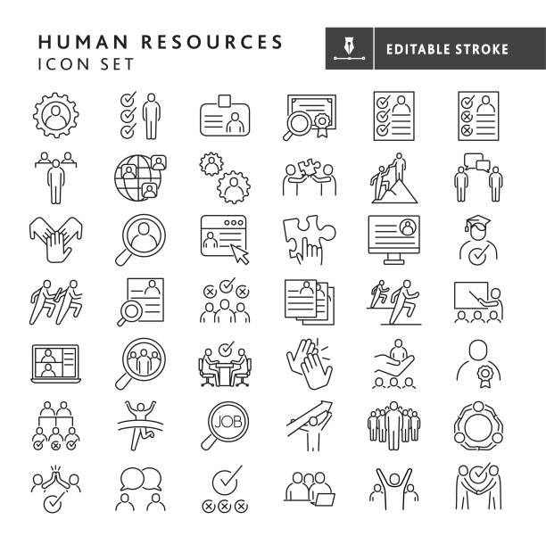 Human resources, job and employee searches, interviewing and recruiting, team work, business people big thin line Icon set - editable stroke Vector illustration of a big set of 43 Human resources, job and employee searches, interviewing and recruiting, team work, business people line icons. Includes business concepts such as handshake business deal, human resources interviewing, resume reviews, people searching, team work, worker performance, competition, high five and many more with no white box below. Fully editable stroke outline for easy editing. Simple set that includes vector eps and high resolution jpg in download. new hire stock illustrations