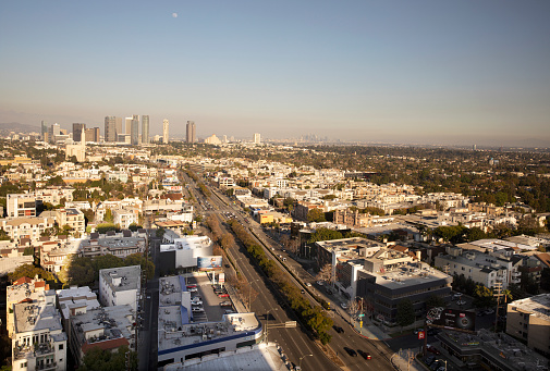 Aerial view of Los Angeles city - Santa Monica Blvd. West LA and Century city towers