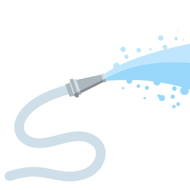 Hose. Jet of water. Fire fighting and watering of the lawn. Grey tube. Flat cartoon illustration isolated on white Hose. Jet of water. Fire fighting and watering of the lawn. Grey tube. lat cartoon illustration isolated on white water hose stock illustrations