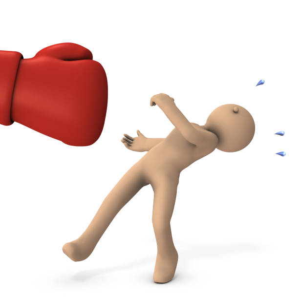 Exaggerated big punch. The loser who is knocked out. White background. 3D rendering.