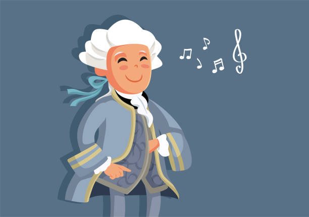 kleiner wolfgang amadeus mozart vektor-cartoon - österreichische kultur stock-grafiken, -clipart, -cartoons und -symbole