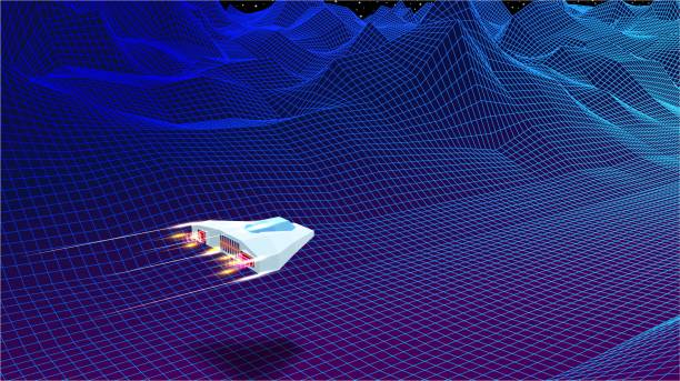 istock Arcade space ship flying through the blue corridor or canyon landscape with 3D mountains, 80s style synthwave or retrowave scenic view 1308547658