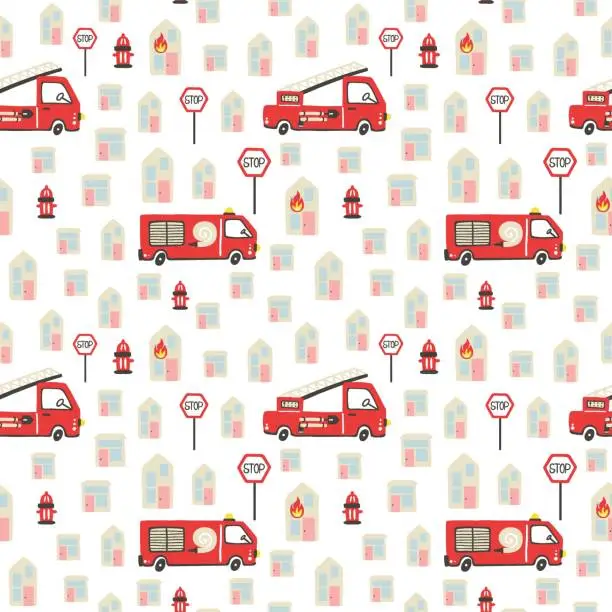 Vector illustration of Firefighter seamless pattern. Fire truck with ladder extinguisher and burning house. Hand drawn cartoon scandinavian childish doodle cars. Decor textile wrapping paper wallpaper vector print or fabric