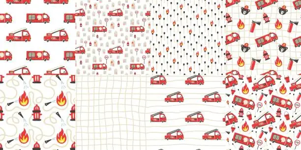 Vector illustration of Firefighter seamless pattern collection. Fire truck with ladder extinguisher and hose. Hand drawn cartoon scandinavian doodle cars set. Decor textile, wrapping paper wallpaper vector print or fabric