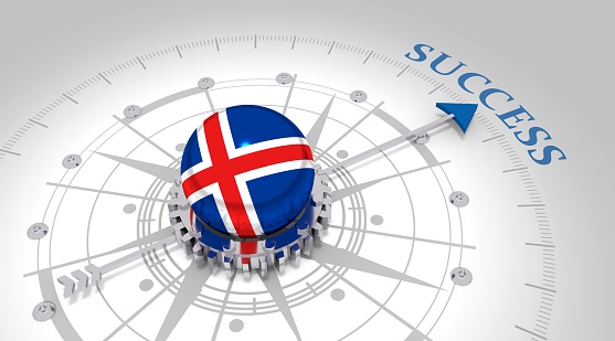 Business concept. Abstract compass points to the success word. Flag of Iceland. 3D rendering