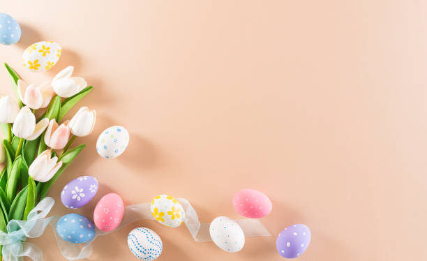 istock Happy easter! Colourful of Easter eggs with flower on pastel background. Greetings and presents for Easter Day celebrate time. Flat lay ,top view. 1308549881