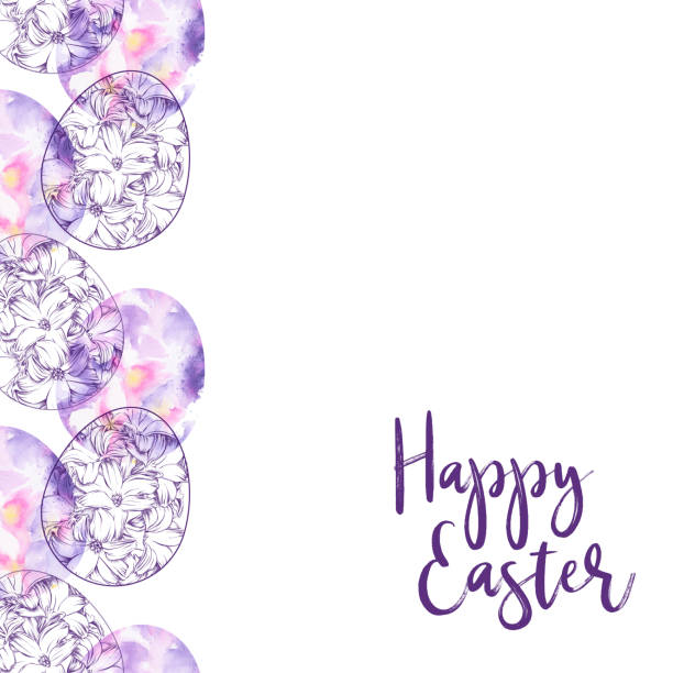 ilustraciones, imágenes clip art, dibujos animados e iconos de stock de feliz patrón sin costuras de pascua con huevos de pascua florales inink y acuarela, vector eps10 ilustración - easter flower purple frame