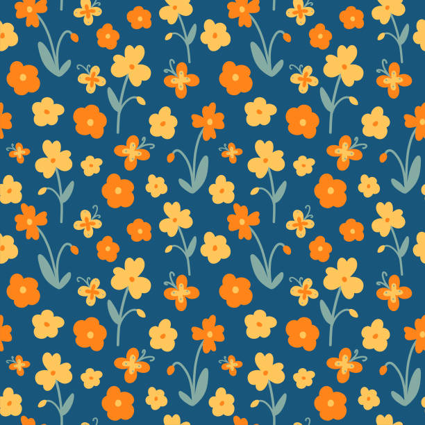 ilustrações de stock, clip art, desenhos animados e ícones de digital orange flowers pattern on blue - color image blue background season animal