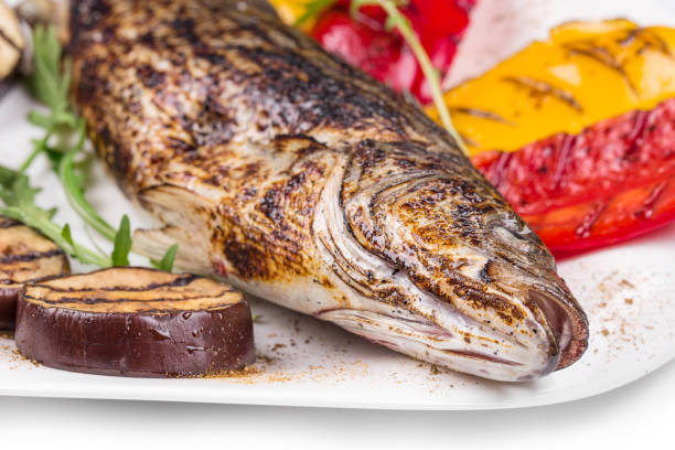 Grilled fish with vegetables on a white plate. It is located on a white background. Close-up.