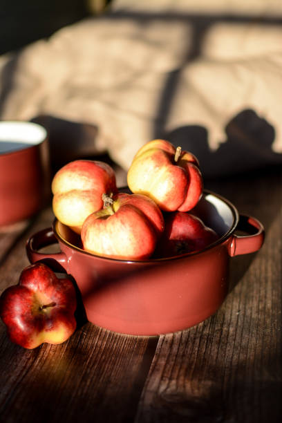 istock Small red apples in a bowl on dark wooden background 1308554438