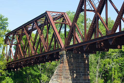 Stone pier and ironwork of the eastern span of the swing truss railroad bridge over the Connecticut River, built in 1910 in Middletown, Connecticut.