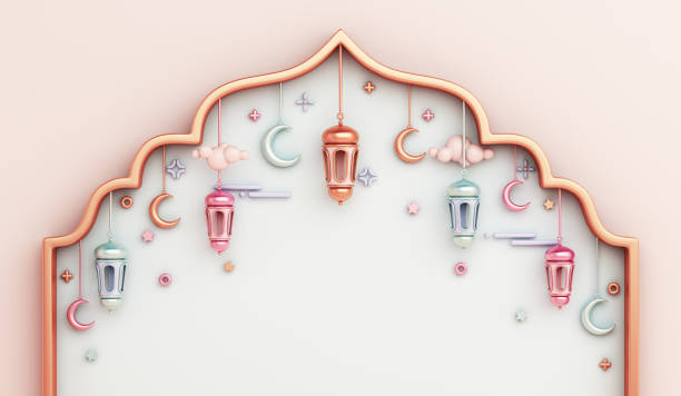 istock Islamic decoration background with arabic window frame crescent lantern cartoon style, ramadan kareem, mawlid, iftar, isra miraj, eid al fitr adha, muharram, copy space text, 3D illustration. 1308556396