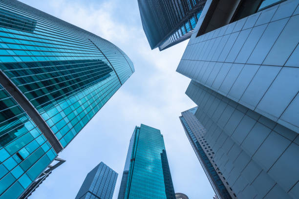 istock Low angle view of modern metallic skyscrapers 1308556787