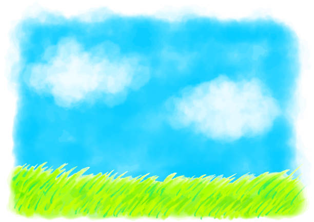 ilustraciones, imágenes clip art, dibujos animados e iconos de stock de cielo, nubes e ilustración de acuarela de prado - clear sky nobody blade of grass summer