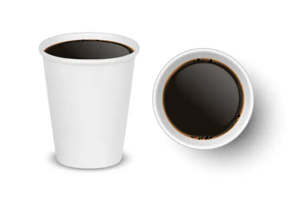 Vector illustration of Vector 3d Realistic Paper White Disposable Cup Set Isolated with Black Coffee Isolated. Espresso, Americano, Mocha. Stock Vector Illustration. Design Template. Top and Front View