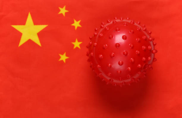 covid-19 virus strain mockup on china flag background - china covid imagens e fotografias de stock