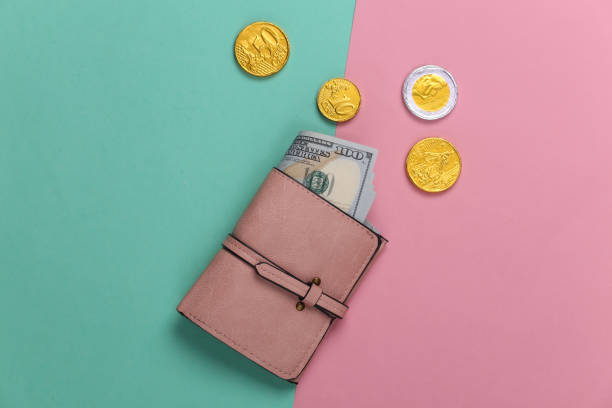 istock Leather wallet with hundred dollar bills and coins on a blue-pink pastel background. Top view 1308563877