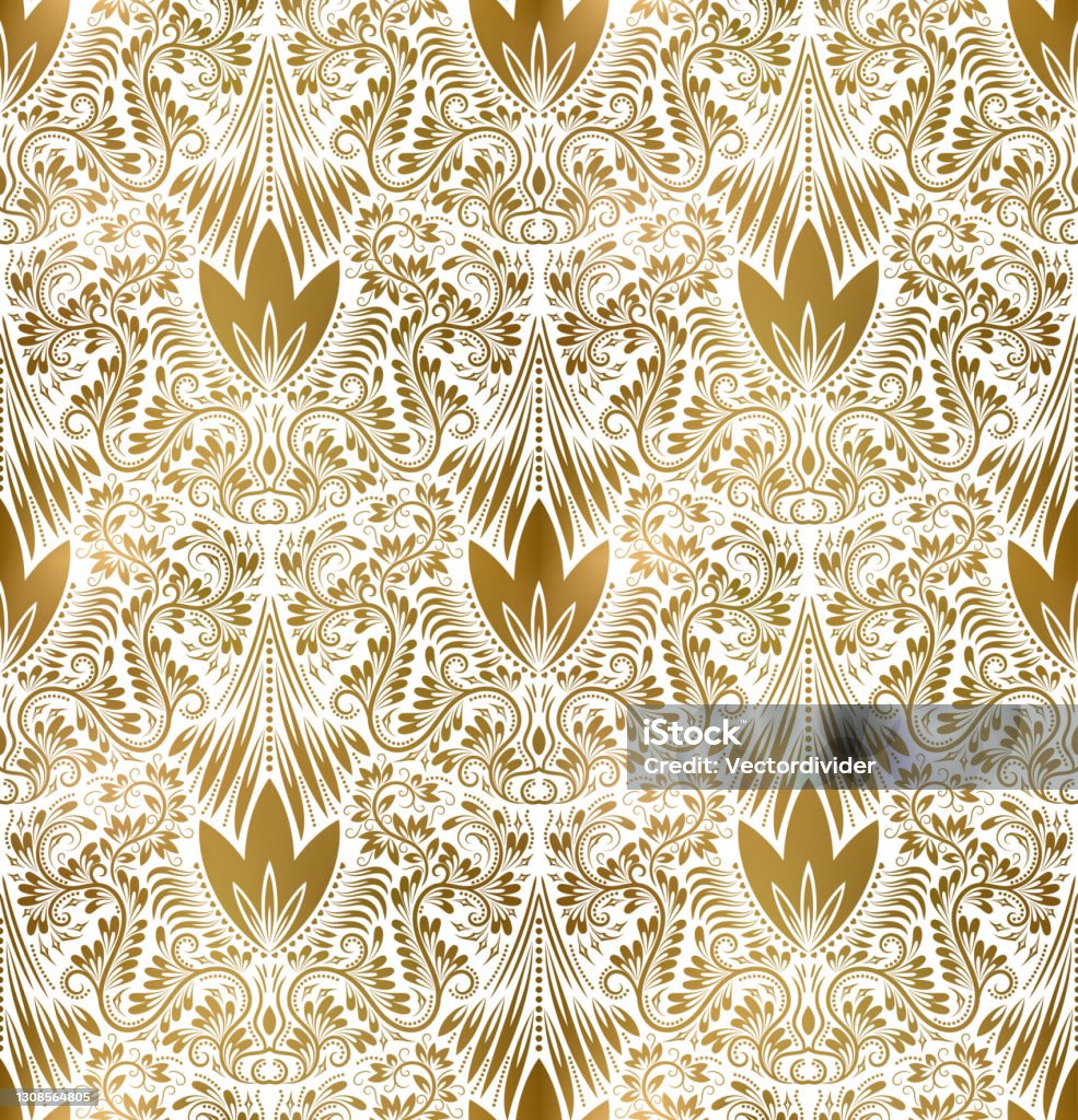 Golden White Vintage Seamless Pattern Gold Royal Classic Baroque Wallpaper  Arabic Background Ornament Stock Illustration - Download Image Now - iStock
