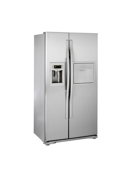 istock Refrigerator, freezer with water dispenser isolated on white 1308565675