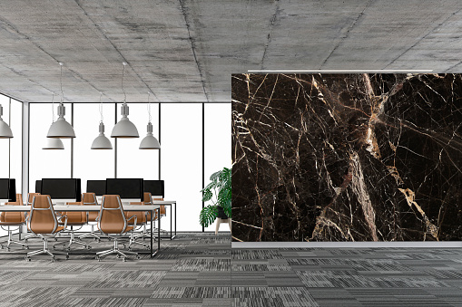 Empty office interior with gray carpet floor and empty black and beige marble wall with copy space. Work desks with brown chairs, pendant lights and computer equipment with windows in background. A large potted plant monstera behind the wall. 3D rendered image.