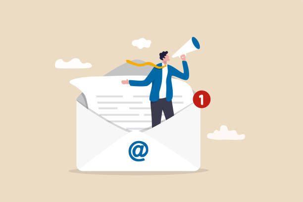istock Email marketing, CRM, subscription on web and sending email newsletter for discount or promotion information concept, businessman standing in email envelope announcing promotion through megaphone. 1308566903