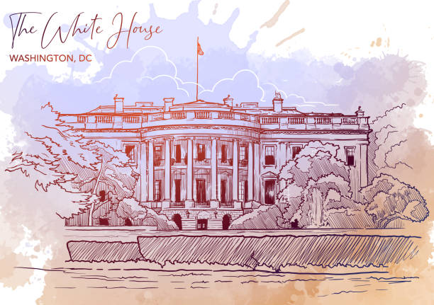Front view of the White House and the lawn. Watercolor Grunge BG Front view of the White House and the lawn. Cityscape, urban hand drawing. Painted Sketch. Watercolor feel. Editable EPS10 vector illustration. white house exterior stock illustrations