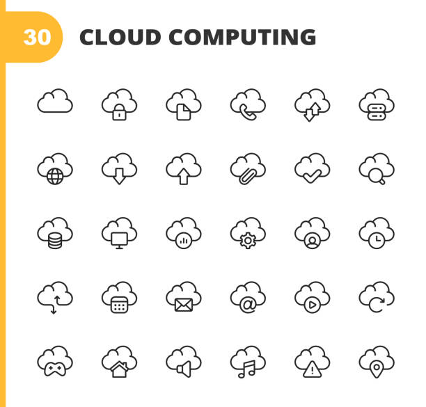 ilustraciones, imágenes clip art, dibujos animados e iconos de stock de iconos de línea de computación en la nube. trazo editable. pixel perfecto. para móviles y web. contiene iconos como cloud computing, computer network, network server, streaming, downloading, uploading, cybersecurity, online banking, e-commerce, storage, - sharing file upload text messaging