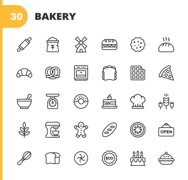 Vector illustration of Bakery Line Icons. Editable Stroke. Pixel Perfect. For Mobile and Web. Contains such icons as Bakery, Food, Restaurant, Pizza, Cake, Bread, Hamburger, Sandwich, Pancake, Doughnut, Apple Pie, Biscuit, Dessert.