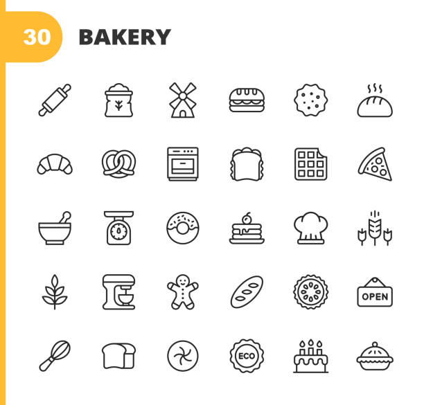 麵包店線圖示。可編輯的行程。圖元完美。用於行動和網路。包含諸如麵包店、食品、餐廳、披薩、蛋糕、麵包、漢堡包、三明治、煎餅、甜甜圈、蘋果派、餅乾、甜點等圖示。 - baguette 幅插畫檔、美工圖案、卡通及圖標