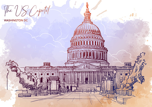 Front view of the US Capitol Building. Cityscape, urban hand drawing. Sketch on grunge watercolor spot background. EPS10 vector illustration.