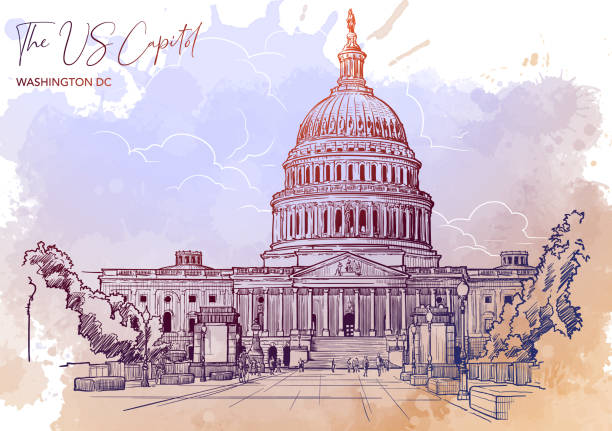 Front view of the US Capitol Building. Watercolor Grunge BG Front view of the US Capitol Building. Cityscape, urban hand drawing. Sketch on grunge watercolor spot background. EPS10 vector illustration. famous american landmark drawing stock illustrations
